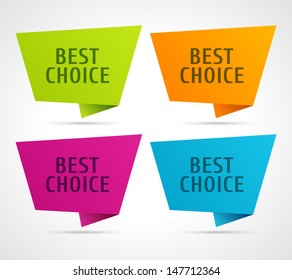 Vector best choice message on speech bubbles labels set. 