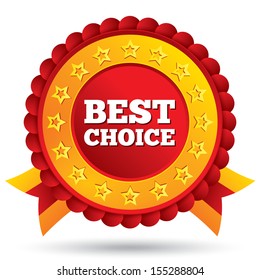 Vector best choice red label with stars and ribbons. Round sticker icon for shopping. Isolated on white.