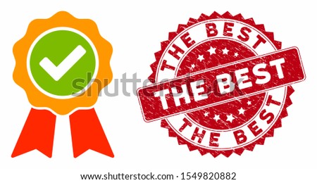 Vector the best icon and rubber round stamp seal with The Best caption. Flat the best icon is isolated on a white background. The Best stamp seal uses red color and rubber design.