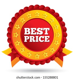 Vector best price red label with stars and ribbons. Round sticker icon for shopping. Isolated on white.