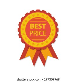 Vector best price red label with ribbons.