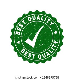 Vector Best Quality grunge stamp seal with tick inside. Green Best Quality mark with grunge style. Round rubber stamp imprint.