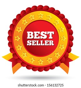 Vector best seller red label with stars and ribbons. Round sticker icon for shopping. Isolated on white.