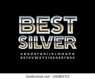 Vector Best Silver Font. Glossy Alphabet set. Metallic reflective Letters and Numbers.
