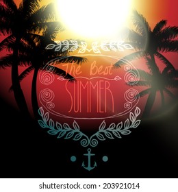 Vector best summer message, on tropical background, sunset view in beach with palm trees illustration