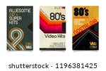 Vector beta tape and cassette box old graphic in 80s style. Awesome super video hits. VHS effect. 80's and 90's style. Retro vintage cover. Eighties color letters. Easy editable design template.