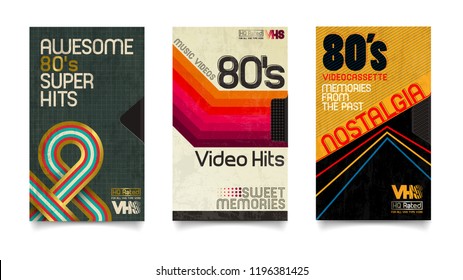 Vector beta tape and cassette box old graphic in 80s style. Awesome super video hits. VHS effect. 80's and 90's style. Retro vintage cover. Eighties color letters. Easy editable design template.