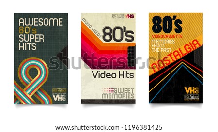 Vector beta tape and cassette box old graphic in 80s style. Awesome super video hits. VHS effect. 80's and 90's style. Retro vintage cover. Eighties color letters. Easy editable design template.