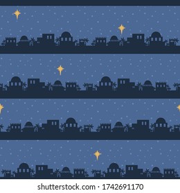 Essilueta de línea de horizonte del vector Bethlehem con fondo de la estrella del norte. Perfecto para la tela navideña, reserva de chatarra, niños, papelería y proyectos de decoración casera. Coordina con mis patrones de natividad.