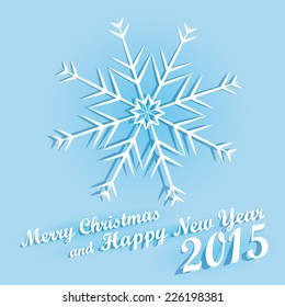Vector beuatiful modern and simply Christmas card with snowflake and shadow. Merry Christmas wishes. Color - white, blue. Eps 10 vector file. 