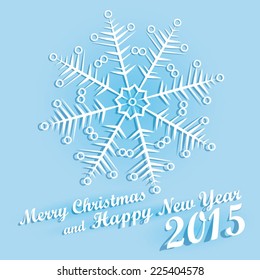 Vector beuatifull modern and simply Christmas card with snowflake and shadow. Merry Christmas wishes. Color - white, blue. Eps 10 vector file. 