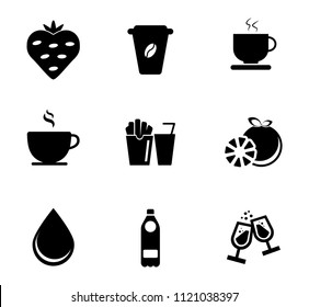 Vector Beverage Drink Icons Set. Juice, Coffee, Water And Whiskey Drinking Sign Symbols