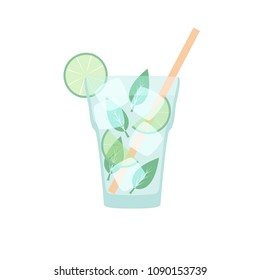 Vector beverage in flat style - mojito with straw, pepperming leaves, ice and lime isolated on white