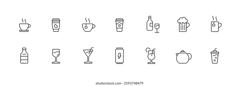 Vector beverage icons set: coffee, tea, wine, and more.