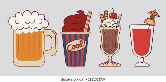 Vector beverage object design for graphic designer make card, website, banner, brochure, leaflet, placard, and print. Set contains beer, slurpee, ice cream, juice various pose and emotion 