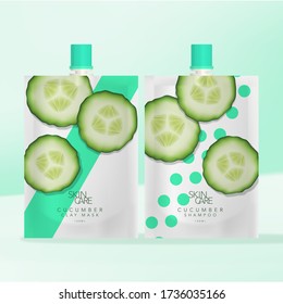 Vector Beverage, Skincare Clay Mask or Body Care Shampoo or Body Wash Screw Cap Packet Flexible Packaging.  Cucumber Pattern Printed. svg