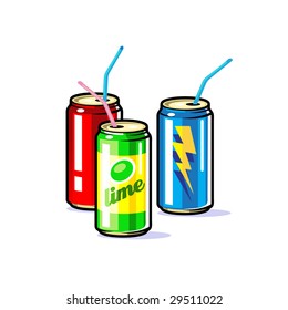 A vector beverages in tin  cans with straws