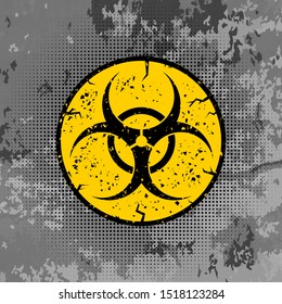 Vector Beware Bio-hazard Sign Isolated on Grey Grunge Background. International Hazard Symbol. Warning Icon of Virus. COVID-19