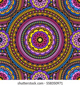 Vector bezshevny pattern. Bright multi-color ethnic ornaments and circles in the style of boho chic.