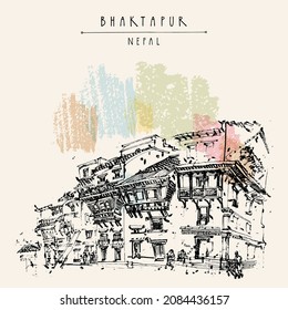 Vector Bhaktapur, Nepal, Asia postcard. Beautiful old house of spectacular architecture near Durbar square. Nice historical building. Hand drawn travel sketch. Touristic postcard, poster illustration