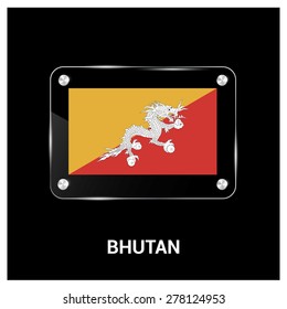 Vector Bhutan Flag glass plate with metal holders - Country name label in bottom