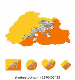 Vector of Bhutan map flag with flag set isolated on white background. Collection of  flag icons with square, circle, love, heart, and rectangle shapes.
