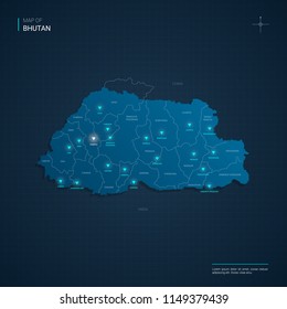 Vector Bhutan map illustration with blue neon lightpoints - triangle on dark blue gradient background. Administrative divisions, cities, borders, capital. Neon tech background with glow. 