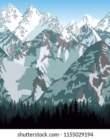 vector Bhutan mountains forest background texture seamless pattern