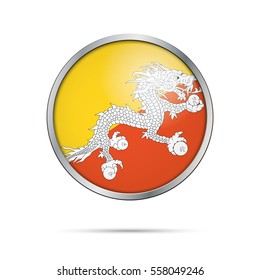 Botón de la bandera butanesa vectorial. Estilo de botón de cristal de la bandera de Bután con marco metálico.