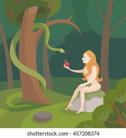Vector Bible illustration, Eve with red apple, serpent tempter, 