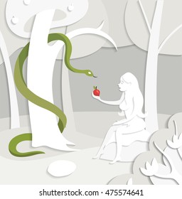 Vector Bible illustration, Eve with red apple, serpent tempter, cut-out paper illustration