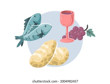 Vector bible meal, fish, bread, wine, used for media and design.