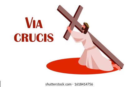 Vector Biblical illustration of Jesus carry His cross on Way of Sorrows. Latin phrase Via Crucis meaning Stations of the Cross of Christ in religious Christian tradition. For Easter church design