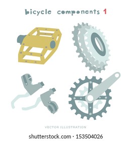Vector Bicycle components Illustration. Pedal, Brakes, Cassette and Cranksets.