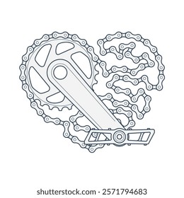 Vector bicycle crank with a chain forming a heart shape. Isolated on blue background.
