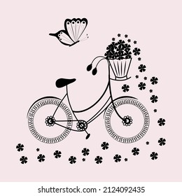 Vector bicycle with flowers and butterfly, siluetas