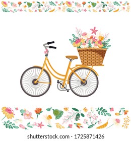 Vector bicycle with flowers on basket isolated white background, botanical flat illustrations. Spring flowers clip art. Seamless frame for poster