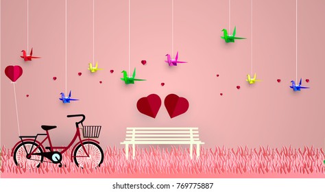 Vector Bicycle in the garden with colorful hot air balloon heart sharp.origami and paper art graphic design