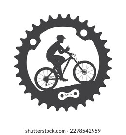 Vector bicycle gear inside silhouette of a cyclist riding a bicycle showing OK gesture. Isolated on white background.