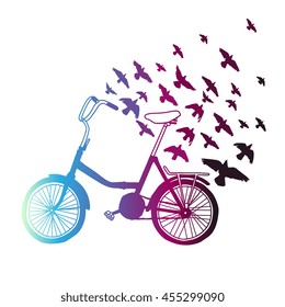 Vector bicycle illustration with group of birds isolated on white background