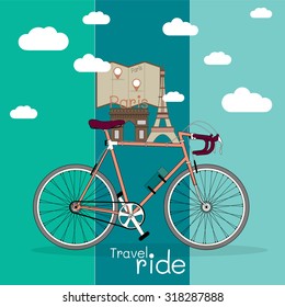 Vector bicycle illustration with text travel Ride on Blue, light green background.