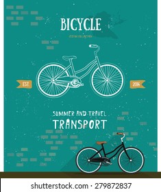 Vector bicycle logo. Thin line icon for logo, web, mobile, poster, t-shirt. Flat style. Bicycle logo illustration. Summer and travel transport icon. Stylish brickwork background.