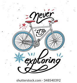 Vector bicycle with "Never stop exploring" quote