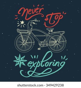 Vector bicycle with "Never stop exploring" quote