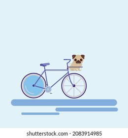 bicicleta vectorial con un pug en una canasta. cachorro de pug plano en una bicicleta