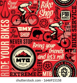 Vector bicycle seamless pattern or background in black, red and beige colors. Bike shop, service, mountain, bmx and road biking badges, icons and design pieces