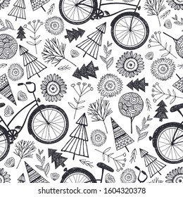 Vector bicycle seamless pattern with trees, florals, flowers. Black and white, hand drawn doodle background