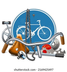 Repuestos de bicicleta vectorial con señal de carretera azul aislados en fondo blanco
