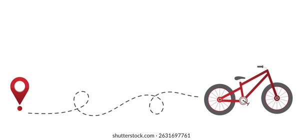 Vector bicycle with start location pin.Vector illustration isolated on white. Location sign with a path on a bicycle 