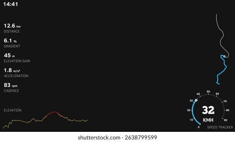 Vector bicycle telemetry overlay template on black background. Includes speed, altitude, GPS data, speed tracker and HUD elements. For action camera on bike, sport videos photo overlays.